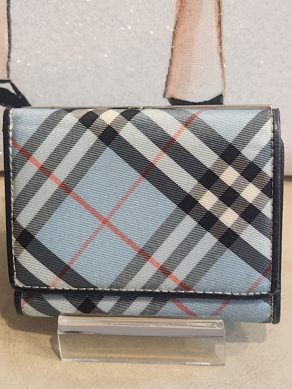 Burberry Classic Plaid Kisslock Trifold Wallet - Light Blue LIKE NEW